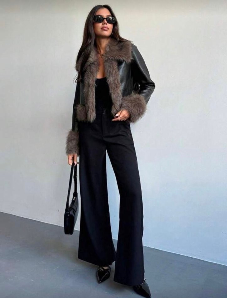 Siyah Deri ve Kürk Detaylı Kadın Ceket - Görsel 2