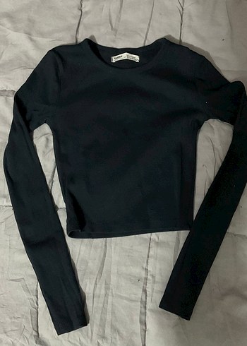 pull&bear Siyah Kadın Crop Uzun Kollu Basic fitilli bluz