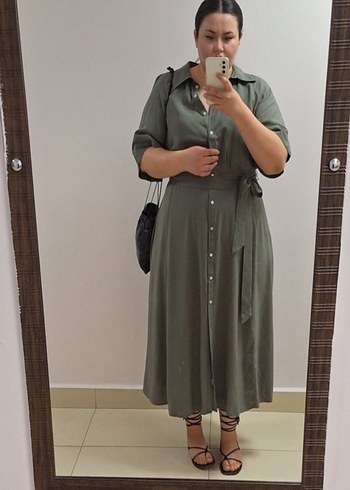 H&M Kemerli Haki Kadın Uzun Elbise h&m