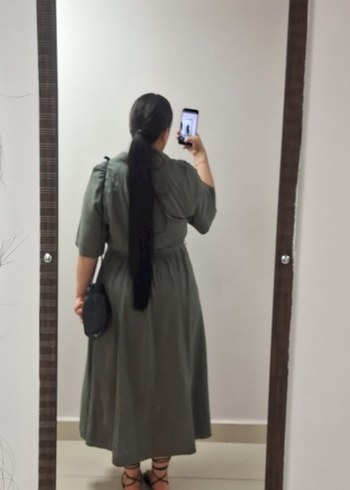 xl Beden Kemerli Haki Kadın Uzun Elbise h&m