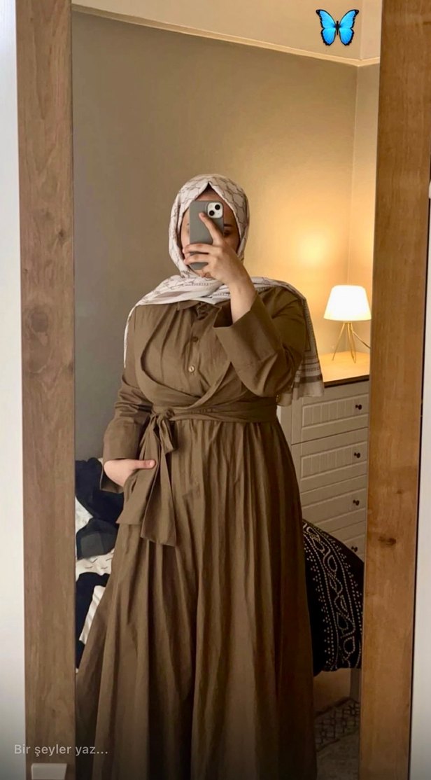 Haki Renk Kuşaklı Uzun Kadın Elbise - Görsel 5