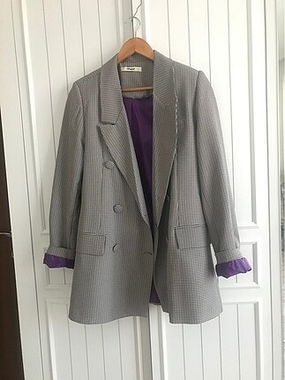 Hayal marka L beden Kareli uzun mor astarlı blazer ceket