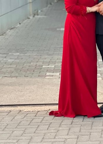 Uzun Kollu Koyu Kırmızı Drapeli Abiye Elbise - Görsel 6