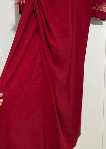 Uzun Kollu Koyu Kırmızı Drapeli Abiye Elbise - Görsel 3