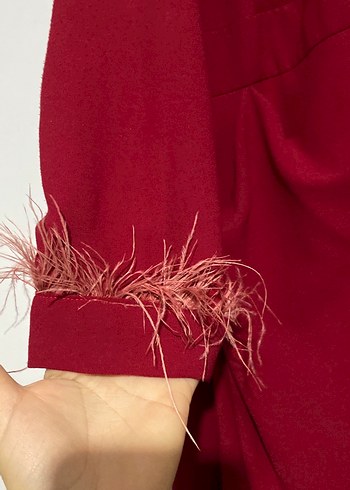 Uzun Kollu Koyu Kırmızı Drapeli Abiye Elbise - Görsel 2