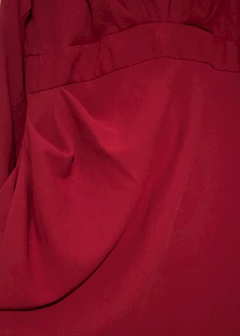 Uzun Kollu Koyu Kırmızı Drapeli Abiye Elbise - Görsel 4