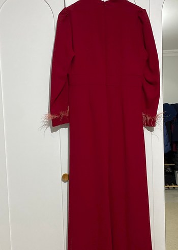 Uzun Kollu Koyu Kırmızı Drapeli Abiye Elbise - Görsel 5