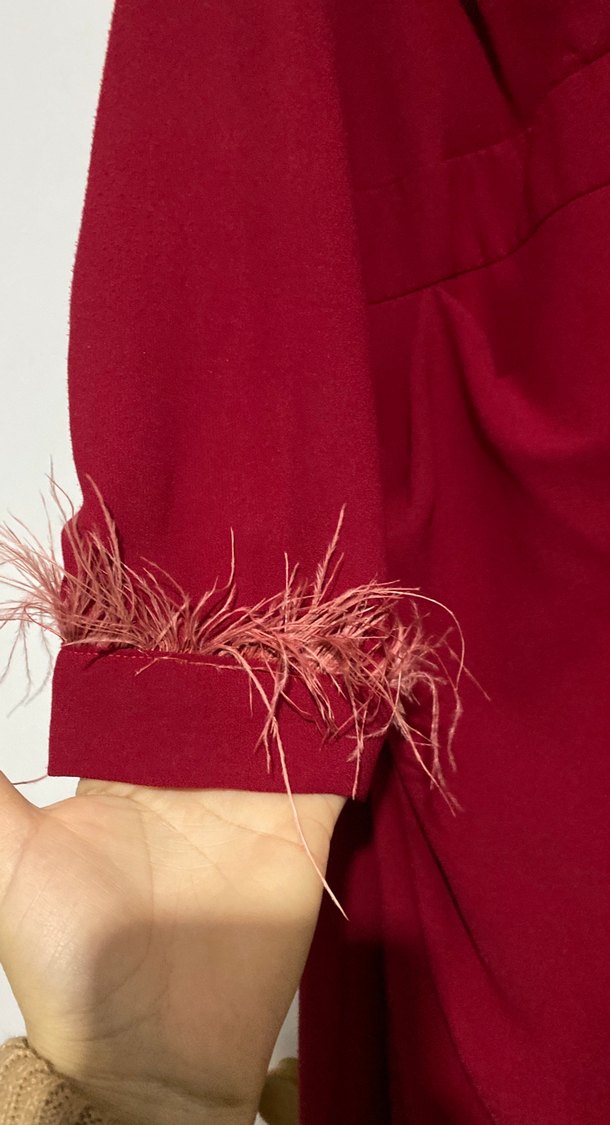 Uzun Kollu Koyu Kırmızı Drapeli Abiye Elbise - Görsel 2