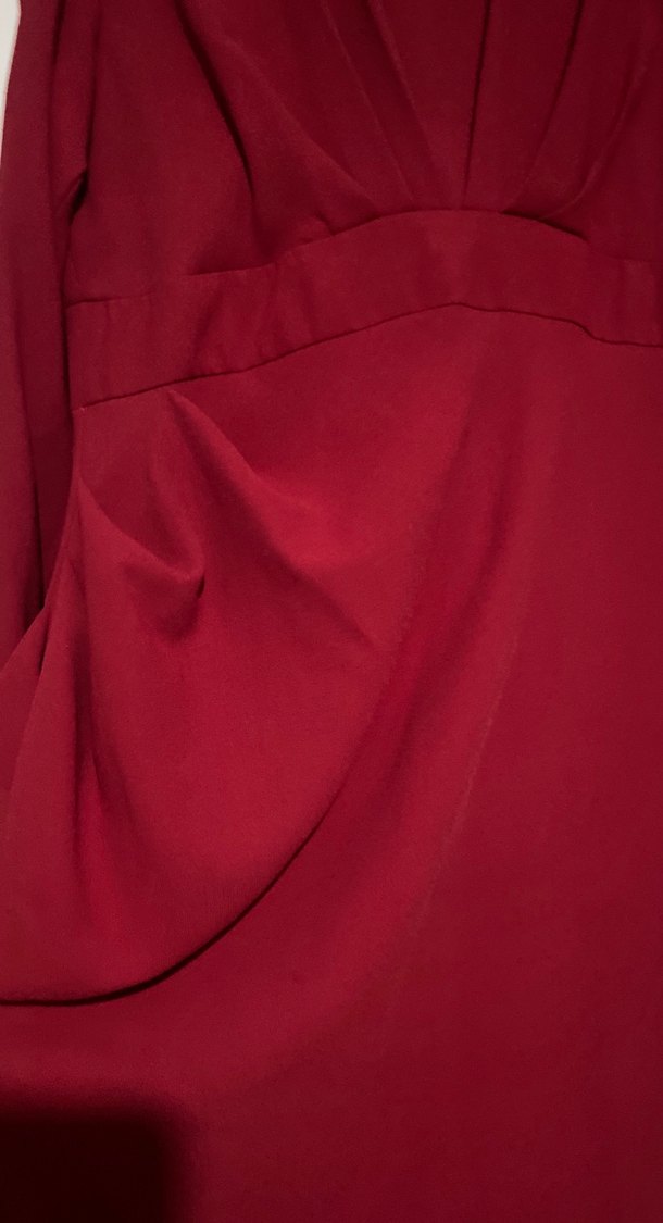 Uzun Kollu Koyu Kırmızı Drapeli Abiye Elbise - Görsel 4
