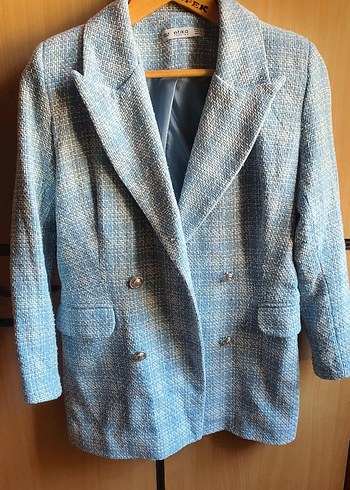 Düğmeli Mavi Midi Kadın Blazer Ceket