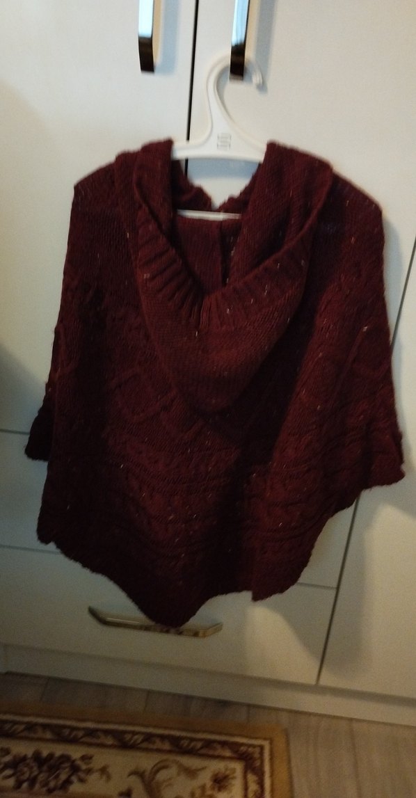 Bordo Örgü Kız Panço Kapüşonlu - Görsel 3