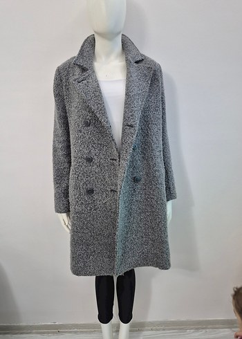 Çift Düğmeli Gri Kadın Kaban - Görsel 4