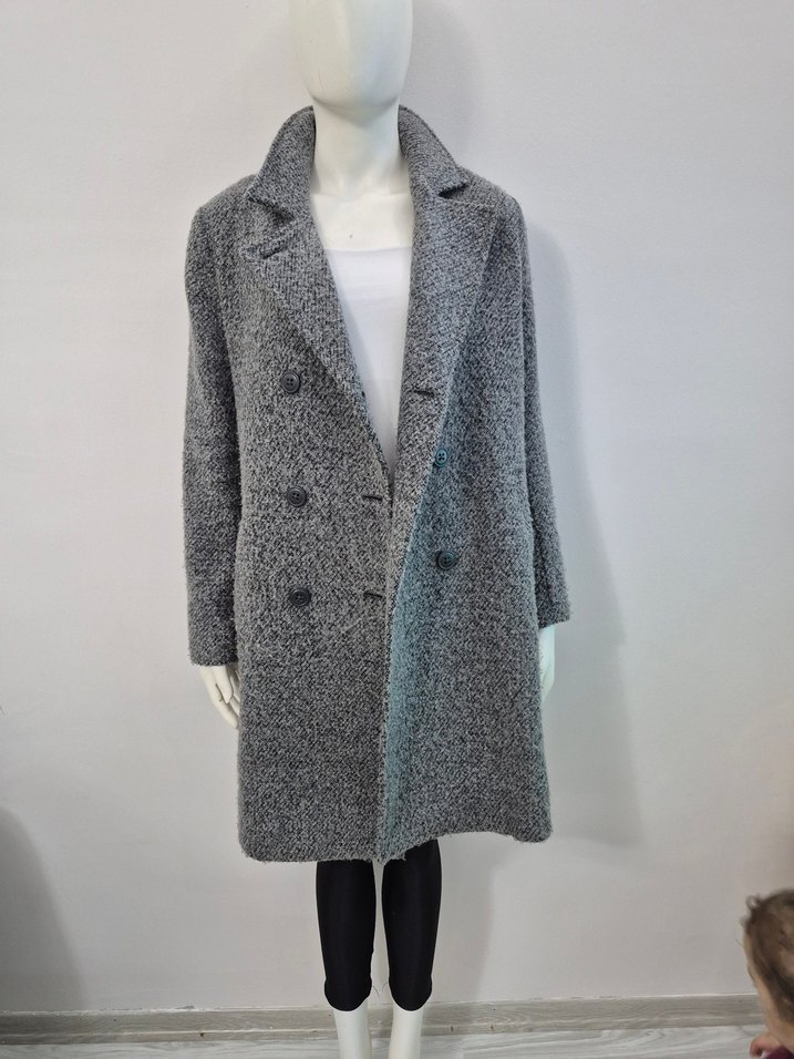 Çift Düğmeli Gri Kadın Kaban - Görsel 4