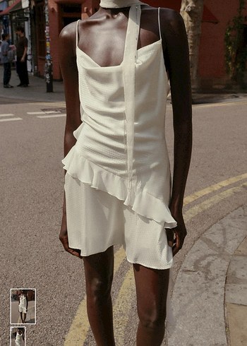 Beyaz Mini Saten puantiye Desenli parlak fırfırlı elbise - Görsel 3