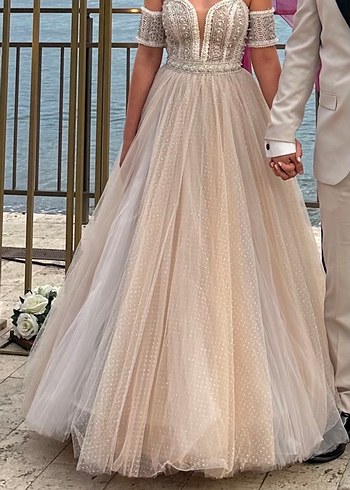 Bej Straplez Bohem Vintage Gelinlik - Görsel 3