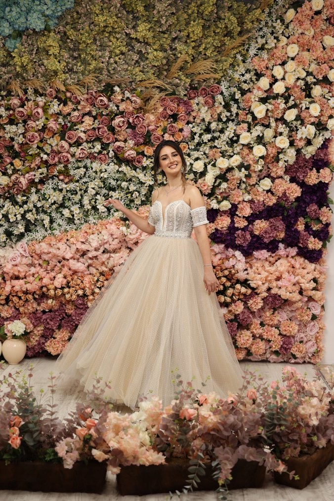 Bej Straplez Bohem Vintage Gelinlik - Görsel 2