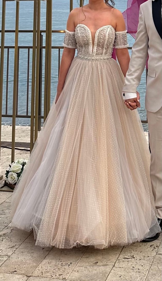 Bej Straplez Bohem Vintage Gelinlik - Görsel 3