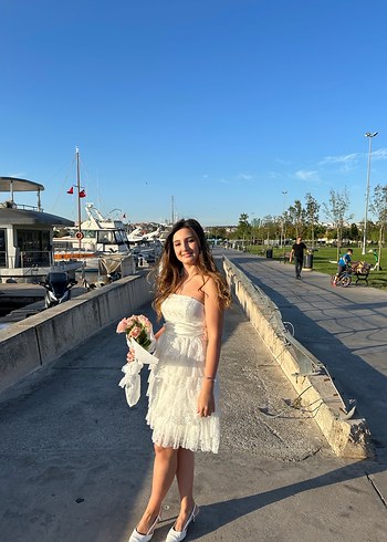 Beyaz Straplez Mini Gelinlik - Görsel 3