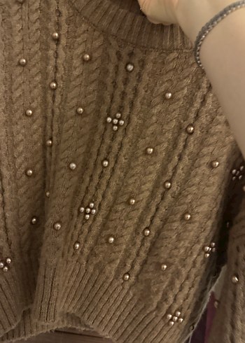 Kahverengi  Nakışlı bronz incili  Örgü Kadın Kazak - Görsel 7