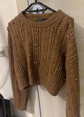 Kahverengi  Nakışlı bronz incili  Örgü Kadın Kazak - Görsel 3