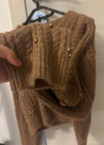 Kahverengi  Nakışlı bronz incili  Örgü Kadın Kazak - Görsel 4