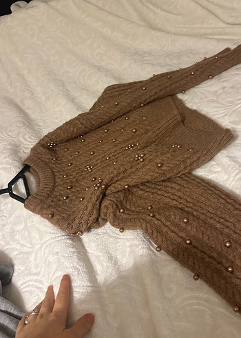 Kahverengi  Nakışlı bronz incili  Örgü Kadın Kazak - Görsel 11