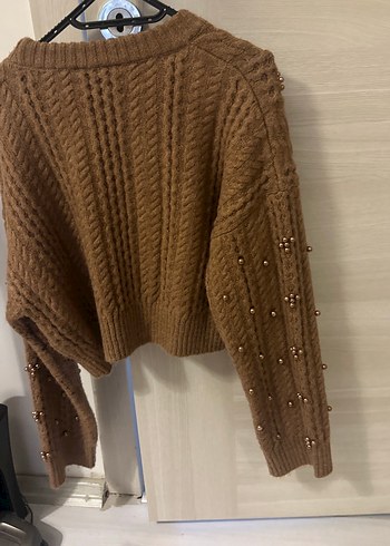 Kahverengi  Nakışlı bronz incili  Örgü Kadın Kazak - Görsel 6