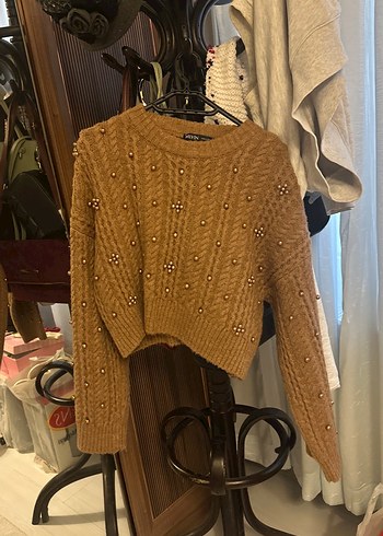 Kahverengi  Nakışlı bronz incili  Örgü Kadın Kazak - Görsel 8