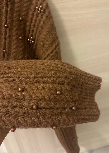 Kahverengi  Nakışlı bronz incili  Örgü Kadın Kazak - Görsel 5