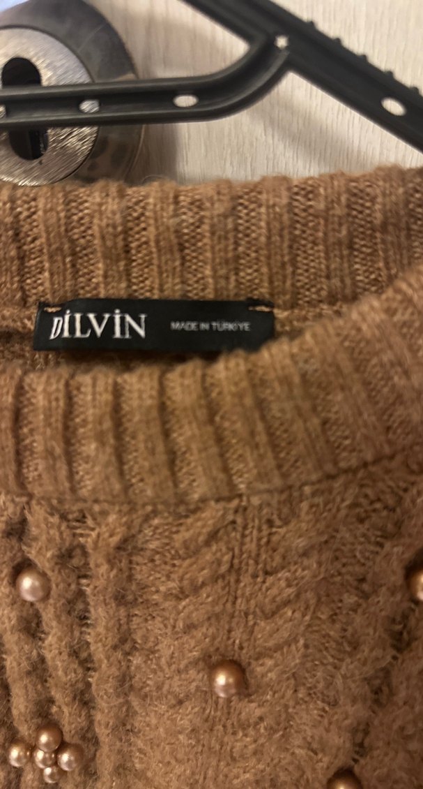 Kahverengi  Nakışlı bronz incili  Örgü Kadın Kazak - Görsel 2