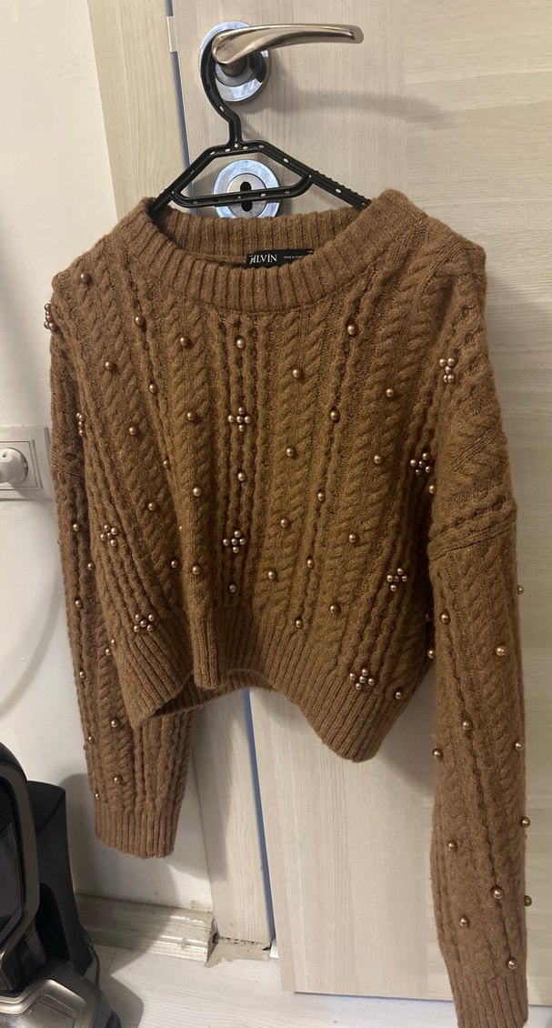 Kahverengi  Nakışlı bronz incili  Örgü Kadın Kazak - Görsel 3