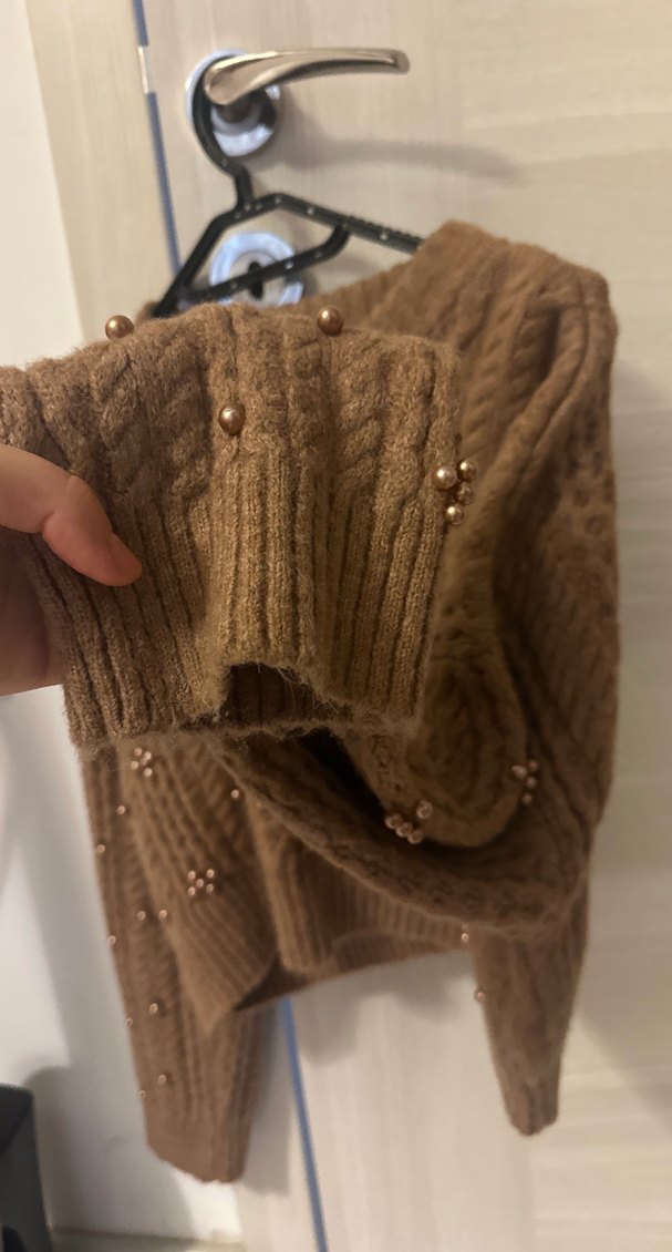 Kahverengi  Nakışlı bronz incili  Örgü Kadın Kazak - Görsel 4