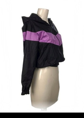 Mor Şeritli Siyah Kapüşonlu Spor Ceket - Görsel 2