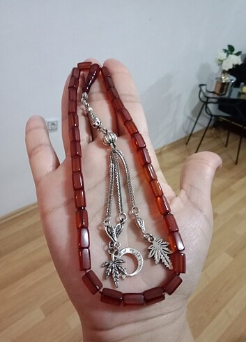 Püskülü gümüş kehribar tesbih 