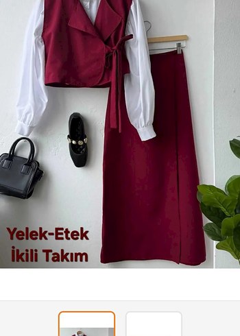 Bordo Kadın Uzun Etek ve Yelek Takımı