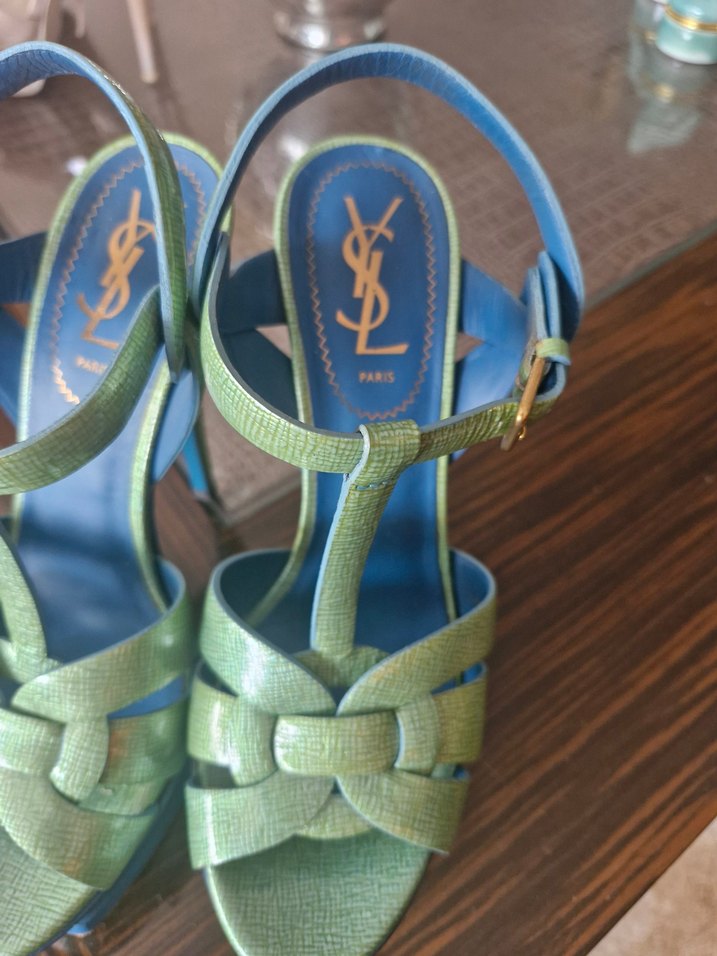 YSL Marka Yeşil Parlak Yılan Desenli Platform Topuklu Kadın Sand - Görsel 2