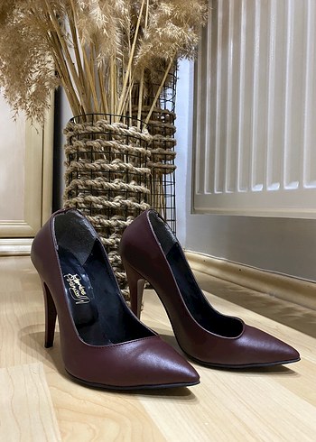 Bordo Deri Stiletto Kadın Topuklu Ayakkabı - Görsel 5