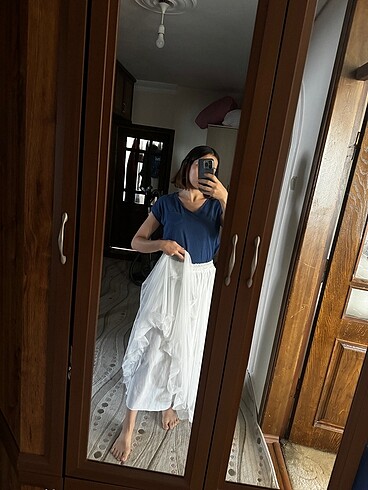 İki Katlı Tüllü Uzun Beyaz Prenses Etek Melike Tatar