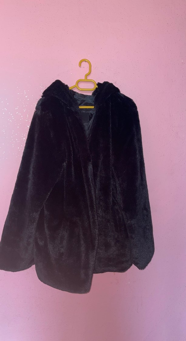 Siyah Kadın Midi Boy Peluş Kürk Ceket - Görsel 2