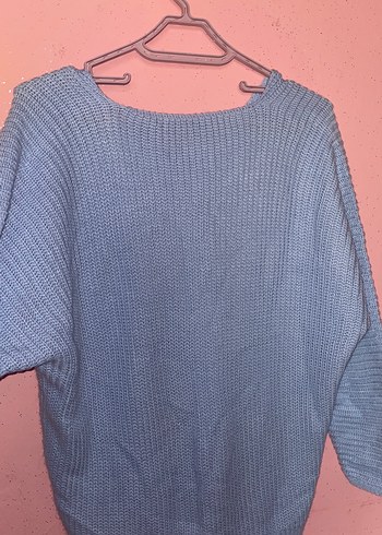 Mavi V Yaka Örgü Kadın Kazak - Görsel 4