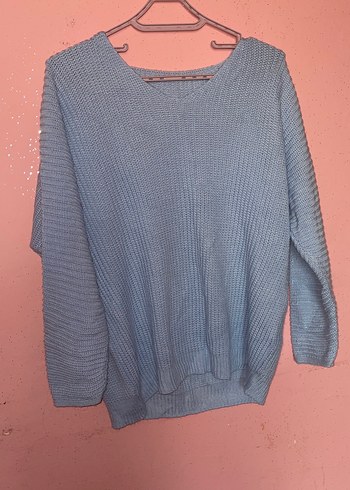 Mavi V Yaka Örgü Kadın Kazak - Görsel 2