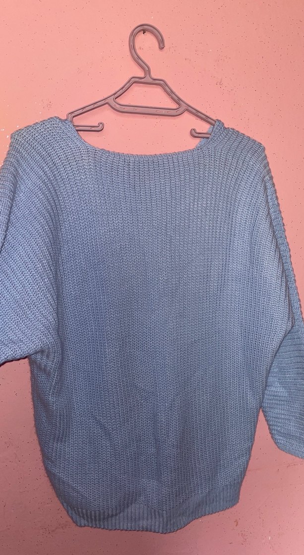 Mavi V Yaka Örgü Kadın Kazak - Görsel 4