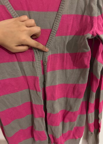 Gri-Pembe Çizgili Uzun Kollu Kadın Hırka - Görsel 4