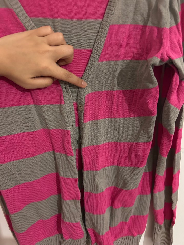 Gri-Pembe Çizgili Uzun Kollu Kadın Hırka - Görsel 4