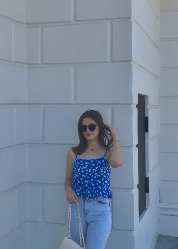 Defacto Mavi Çiçek Desenli Fırfırlı İp Askılı Crop Top
