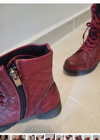 Bordo Deri Tokalı Kadın Biker Bot - Görsel 5