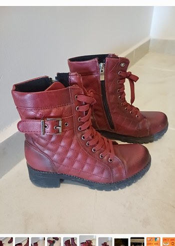 Bordo Deri Tokalı Kadın Biker Bot - Görsel 2