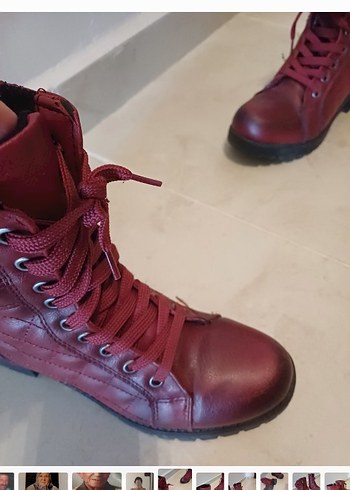 Bordo Deri Tokalı Kadın Biker Bot - Görsel 4