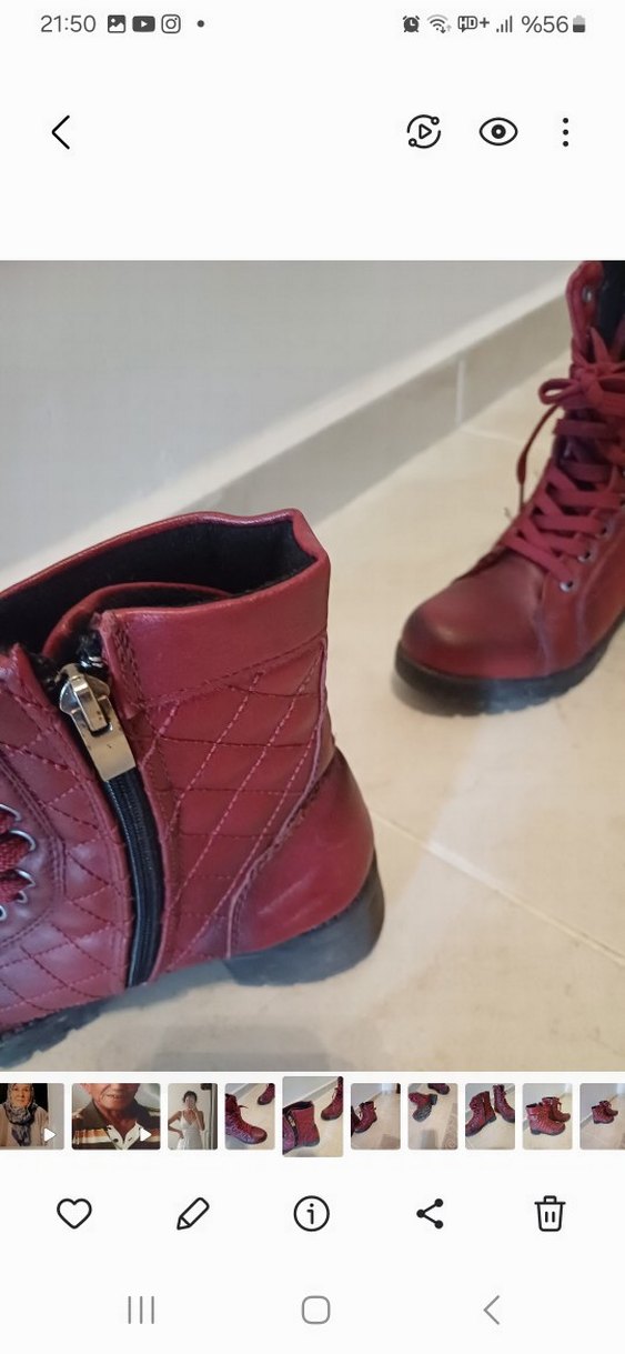 Bordo Deri Tokalı Kadın Biker Bot - Görsel 5