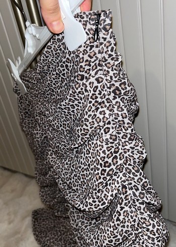 36 Beden Drapeli Leopar Desenli Mini Etek